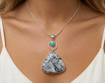 Natural Hornblende Larimar Pendant | Sterling Silver Handmade Gemstone Boho Necklace | Rare Two Stone Jewelry