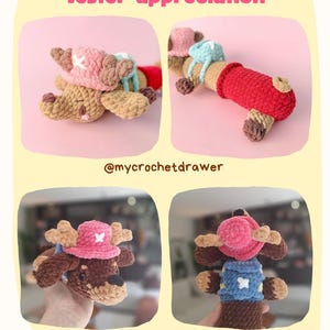 May include: A crochet plush toy resembling a reindeer character with a pink hat, brown fur, and a red or blue outfit. The image displays four views of the toy, including text that reads Tester appreciation, @mycrochetdrawer, and @bunbunbij.crochet.