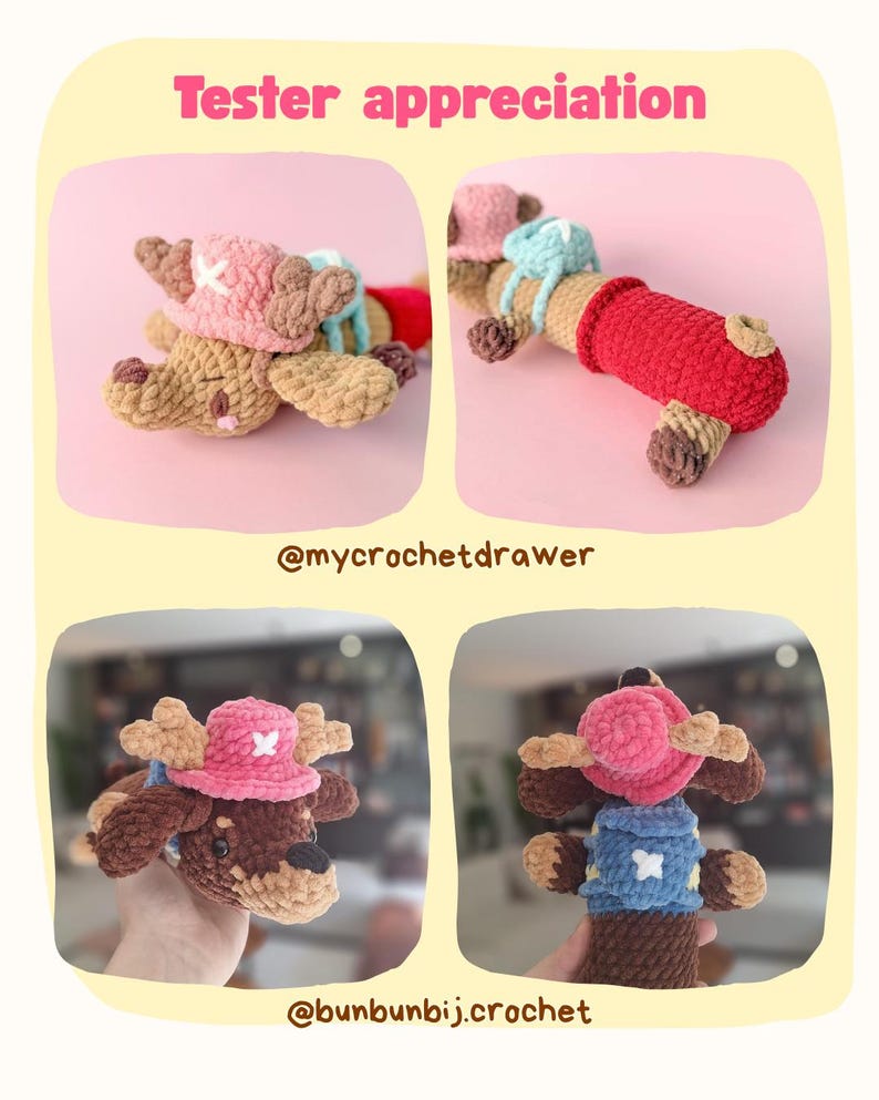 May include: A crochet plush toy resembling a reindeer character with a pink hat, brown fur, and a red or blue outfit. The image displays four views of the toy, including text that reads Tester appreciation, @mycrochetdrawer, and @bunbunbij.crochet.