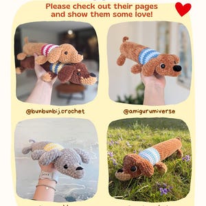 May include: A collection of four crocheted dachshund toys in various colors including brown, tan, and gray. Each plush dog features a small sweater with striped patterns in white, blue, yellow, or pink. The image includes the text Tester Appreciation.