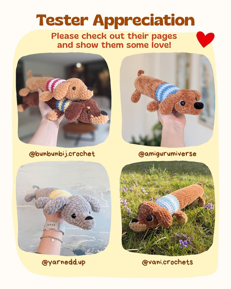 May include: A collection of four crocheted dachshund toys in various colors including brown, tan, and gray. Each plush dog features a small sweater with striped patterns in white, blue, yellow, or pink. The image includes the text Tester Appreciation.