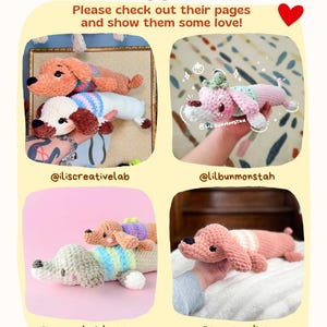 May include: A collage featuring four panels of crocheted dachshund plush toys in various colors including peach, white, and pink. The text reads Tester Appreciation, Please check out their pages and show them some love!, @iliscreativelab, @lilbunmonstah, @mycrochetdrawer, and @smarxmakes.