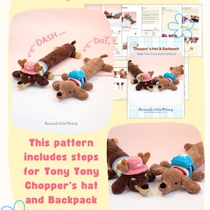 May include: A 9-page crochet pattern document titled Chopper's Hat & Backpack by AnnasLittleThing, featuring instructions for two dachshund-shaped plush toys named Dash and Dot, wearing a pink reindeer hat and a blue backpack respectively.