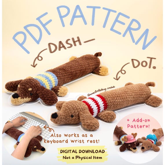 Patron Crochet PDF Teckel – Repose-Poignet Clavier & Peluche Amigurumi 2-en-1, Accessoire Bureau, Peluche Faite Main, Idée Cadeau Mignonne