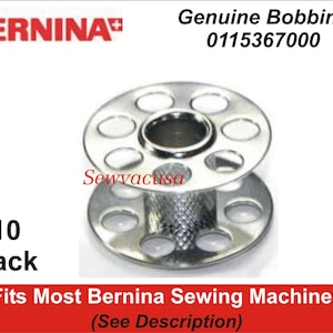 May include: A pack of 10 silver metal bobbins for Bernina sewing machines. The bobbins are labeled "Genuine Bobbins 0115367000".