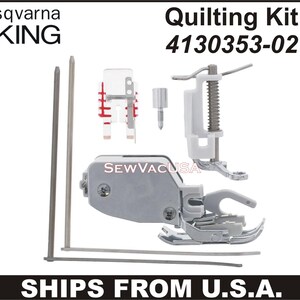 May include: Husqvarna Viking quilting kit with multiple sewing machine presser feet and accessories. The kit includes a variety of white and silver components, including a walking foot, a free-motion foot, and a quarter-inch foot.