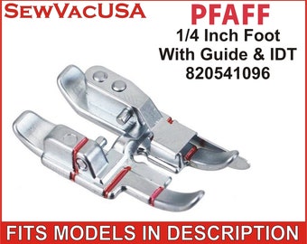 May include: Silver sewing machine foot with a guide and IDT, labeled "PFAFF 1/4 Inch Foot With Guide & IDT 820541096".