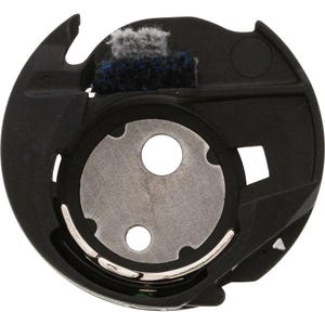 May include: Black bobbin case with a silver metal bobbin winder. The bobbin case has a small opening on the side for threading.