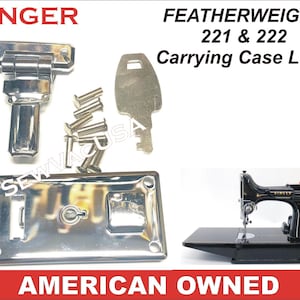 May include: A Singer Featherweight 221 & 222 carrying case lock kit. The kit includes a lock, key, and rivets. A black Singer sewing machine is also visible. The text "AMERICAN OWNED" is displayed.