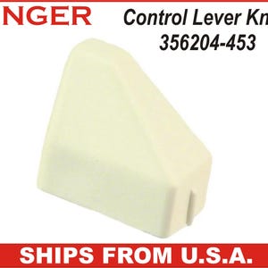 May include: Off-white Singer control lever knob, model 356204-453. The knob is a triangular shape with a small notch on one side. The Singer logo is in red at the top left.