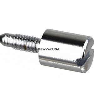 May include: A silver metal screw with a threaded shaft and a hexagonal head. The screw is used for attaching parts to a sewing machine.