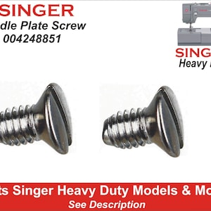 May include: Two silver needle plate screws for Singer Heavy Duty sewing machines. The screws have a flat head and a Phillips head. The screws are labeled with the part number 004248851.