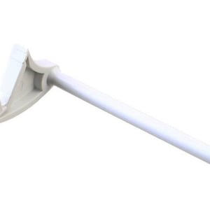 May include: White plastic tool with a curved handle and a long, straight shaft. The tool is designed to remove or install a part.