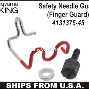 May include: A Husqvarna Viking safety needle guard, also known as a finger guard, with the part number 4131375-45. The guard is silver and red, with a black screw and a silver washer. The text "SEW VAC USA" is also visible.