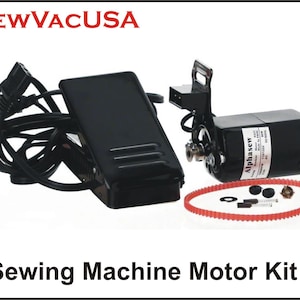 May include: A sewing machine motor kit with a black motor, foot pedal, and power cord. The kit includes a red belt and various small parts. The text "SEWVACUSA" is at the top, and "Sewing Machine Motor Kit" is at the bottom.