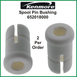 May include: Two white plastic spool pin bushings, each with a center hole and a split on the side. Kenmore part number 652018000. 2 per order.