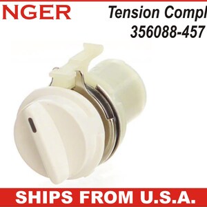 May include: A Singer sewing machine tension assembly, model 356088-457. The assembly is primarily off-white with a metal component. The text "SINGER" is at the top left. The words "Tension Complete" and the model number are also visible.