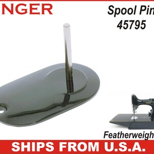 May include: A Singer spool pin, model 45795, with a black base and a silver pin. The image also shows a Featherweight 221 sewing machine. The Singer logo is visible in the top left corner.