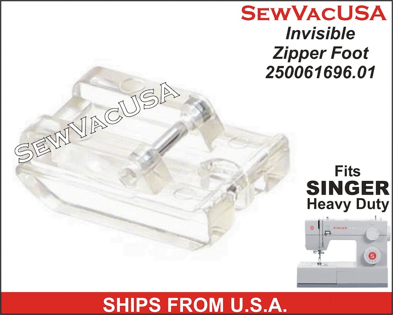 May include: Clear plastic invisible zipper foot for Singer Heavy Duty sewing machines. The foot is designed to create a professional-looking invisible zipper.