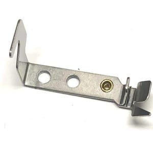 May include: A small, silver-colored metal bracket with two circular holes and a brass-colored rivet. The bracket has a bent shape with a hook on one end and a notched tab on the other.