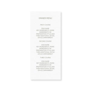 Op de afbeelding: Een witte rechthoekige menukaart met de tekst "DINNER MENU" bovenaan. Het menu bevat drie gangen, elk met ruimte voor gerechtnamen, ingrediënten, bereidingswijze en aanvullende details.
