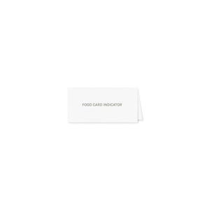 Op de afbeelding: Een witte, gevouwen kaart met de tekst "FOOD CARD INDICATOR" gedrukt in een eenvoudig lettertype. De kaart is rechthoekig en lijkt van papier of karton te zijn. De achtergrond is effen wit.