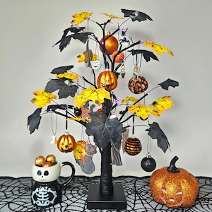 Halloween Tree with Ornaments, Spooky Table Decoration, Light Up Halloween Centrepiece, Black and Orange Halloween Decor, Pumpkin Decoration