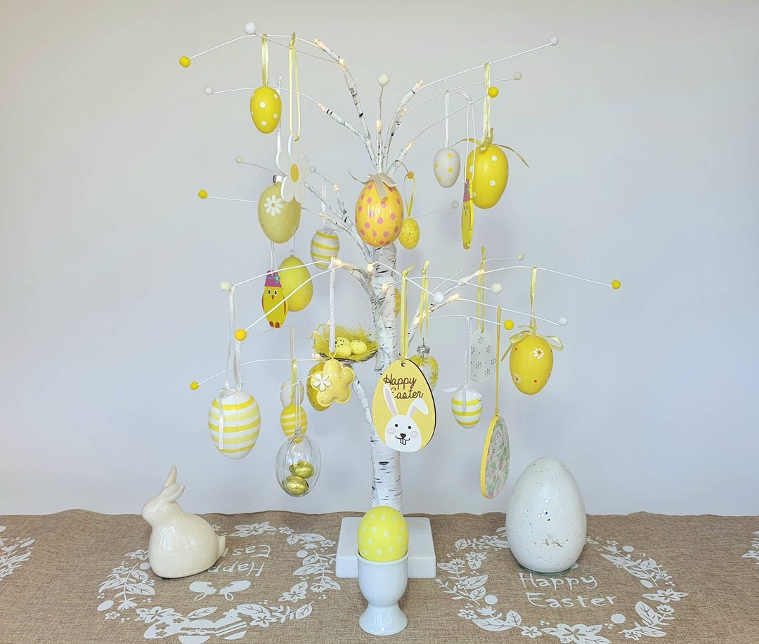 Tabletop Easter Tree, 60cm Tree LED Lights, White Easter Tree With Yellow Hanging Eggs, Easter