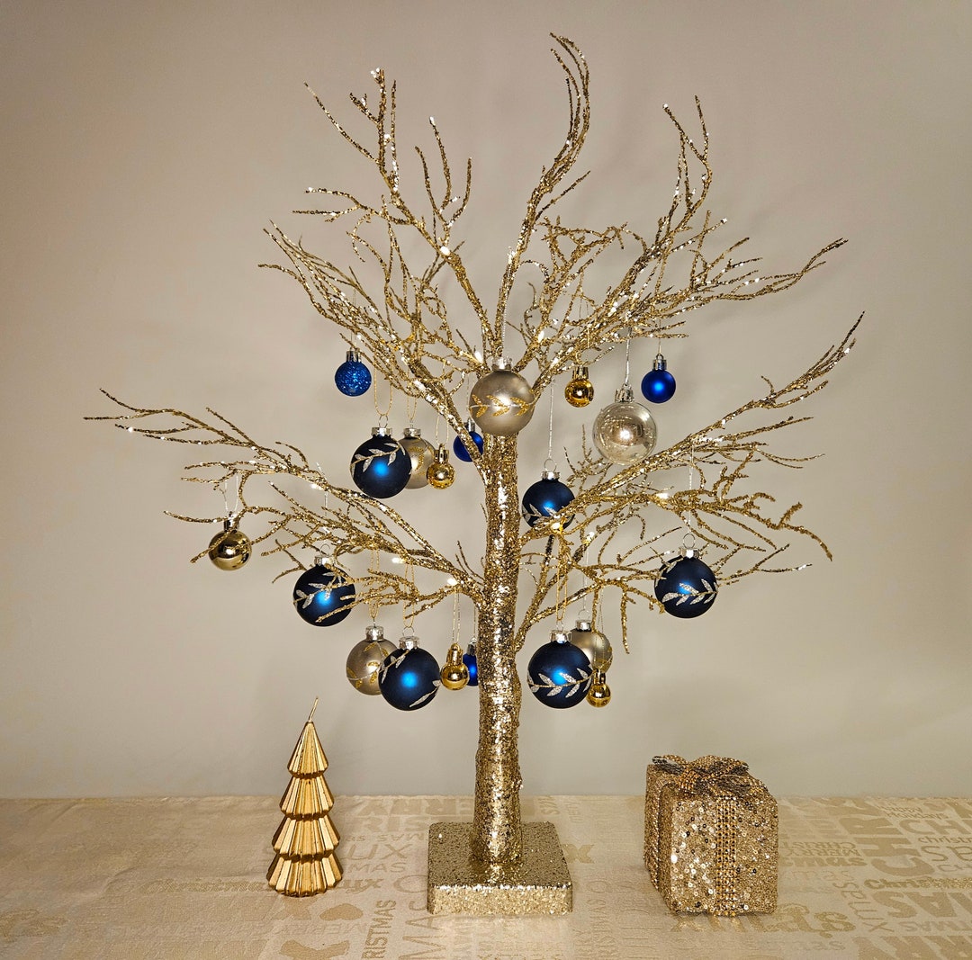 60cm Christmas Tree Gold With Warm White LED Lights, Decorated in Blue