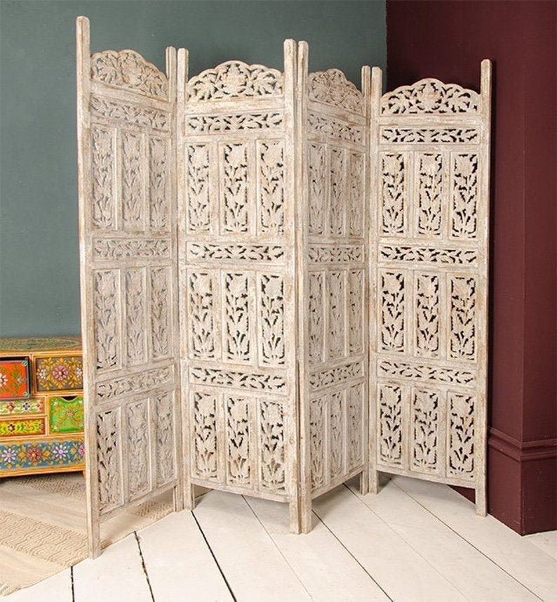 Distressed 4 Panel Hand Painted Vintage Room Divider Screen Etsy