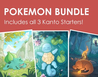 Pokemon Kanto Starter Art Prints – Bulbasaur, Charmander, Squirtle Bundle