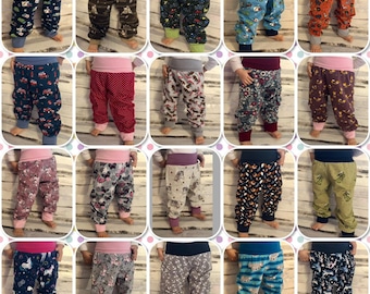 Baby pants, pump pants, toddler pants, growing pants size. 74 to 116 very comfortable with wide cuffs to grow with, high-quality jersey 18 models