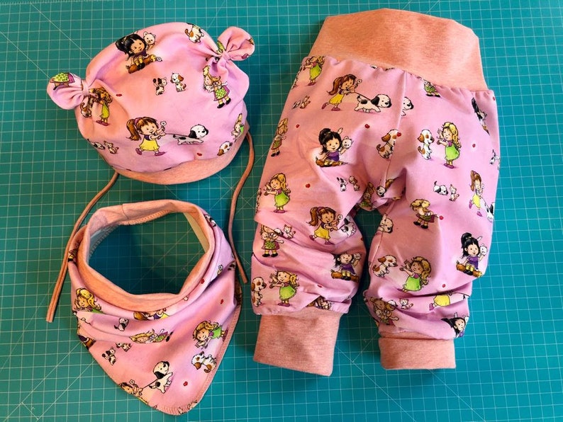 74 to 116 Baby Pants Girls Co-Wax Pants On NeedSet Matching Hat and NickyTuch Cotton Jersey Pink Animals Pump Pants Gr