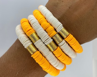 Hand-beaded Tangerine and White Halfsies Bracelet, Stackable stretch bracelet