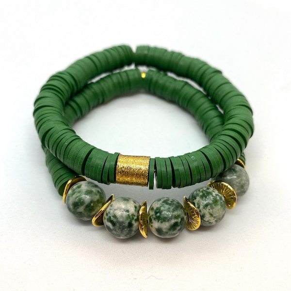 Set of 2 Bracelets, Forest Green Bracelets, Stackable stretch bracelet