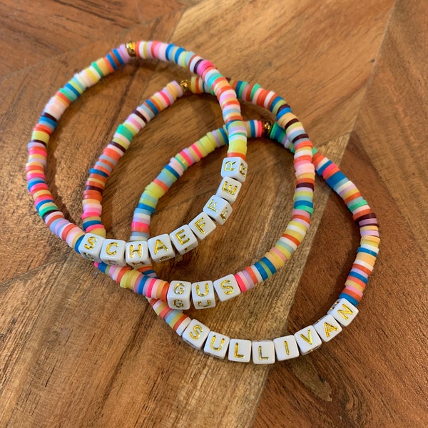 Hand-beaded Rainbow Bracelet with Name, Name Bracelet, Stackable stretch bracelet