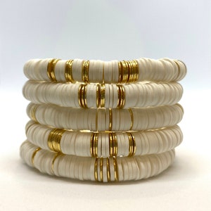 The Emerson, Hand-beaded White and Gold Bracelet, Stackable stretch bracelet