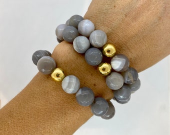 Hand-beaded Grey Stone Bracelet, Stackable stretch bracelet