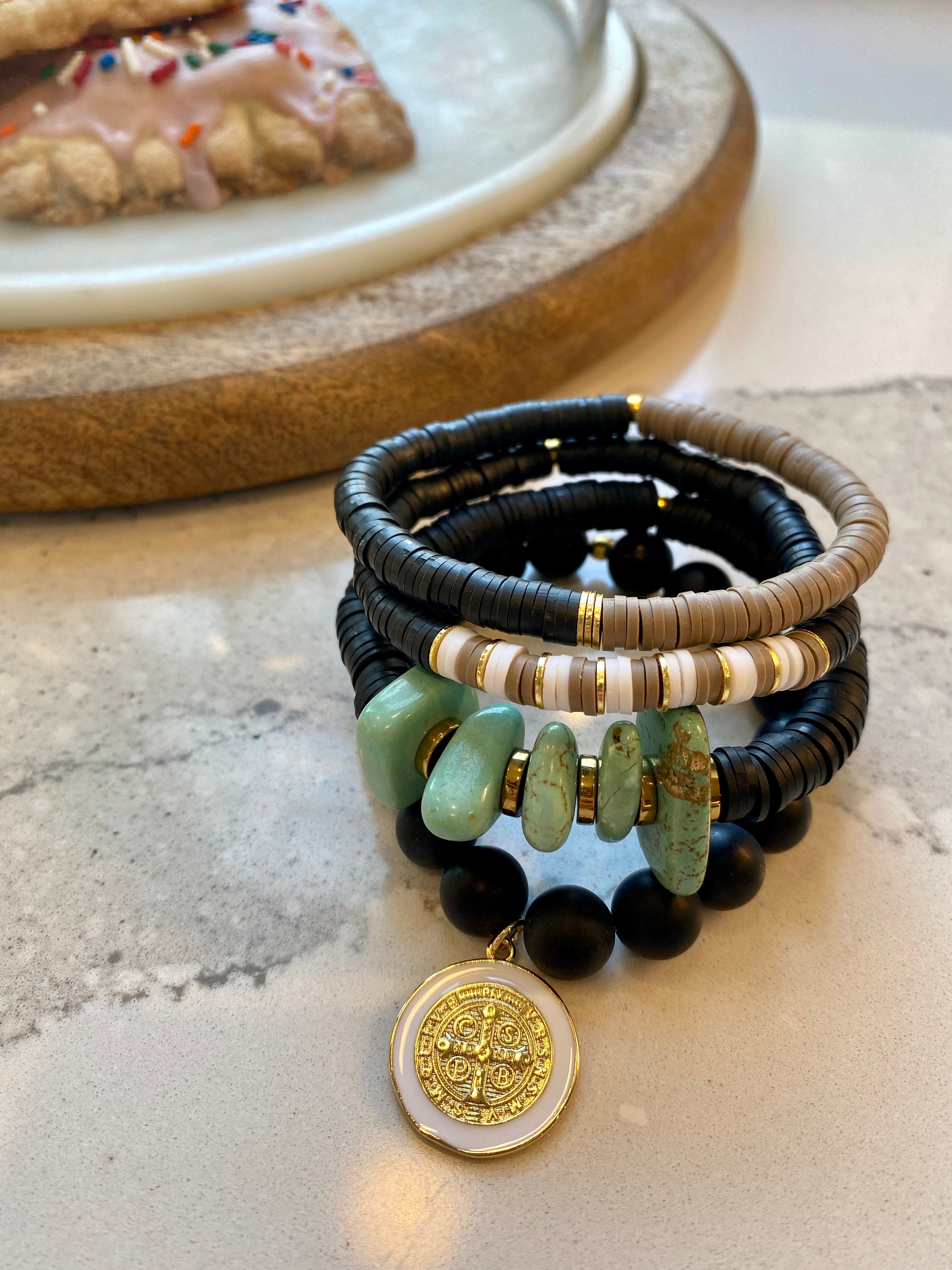 Set of 2 Black and White Bracelets Tan and Gold Bracelets Etsy