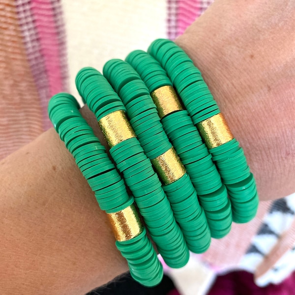 Hand-beaded Kelly Green Bracelet, Stackable stretch bracelet