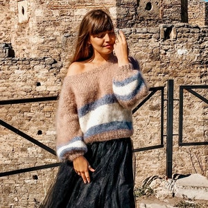 Mohair sweater, Knitted sweater oversized, Striped mohair sweater, Fuzzy sweater, Chunky knit sweater, Sweater Off The Shoulder image 1