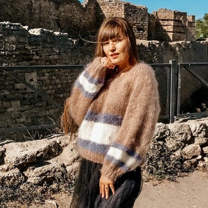 Mohair sweater, Knitted sweater oversized, Striped mohair sweater, Fuzzy sweater, Chunky knit sweater, Sweater Off The Shoulder image 3