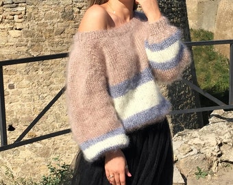 Mohair sweater, Wool sweater, Loose knit sweater, Fuzzy sweater, Mohair cardigan, Soft sweater, Striped sweaters for women