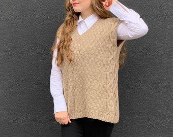 Gebreide vesttrui, oversized gebreide v-hals, sweatervest dames, dikke trui, beige gebreid vest, gebreide cottagecore-kleding