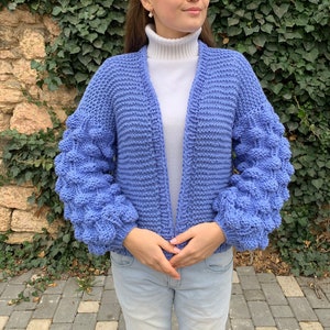 Chunky knit cardigan, Oversized cardigan, Wool cardigan, Cable knit cardigan, Blue Christmas sweater, Plus size cardigan image 1