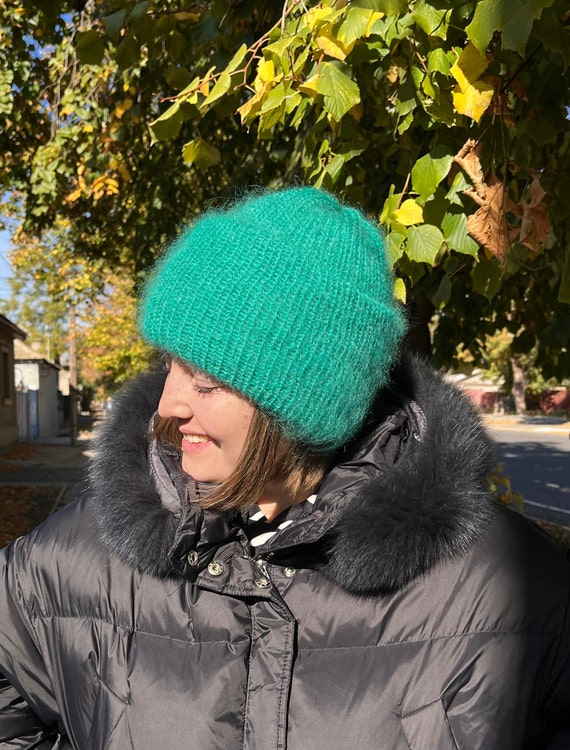 Chunky Knit Hat, Green Mohair Hat, Fuzzy Beanie Hat, Mohair  display picture 1
