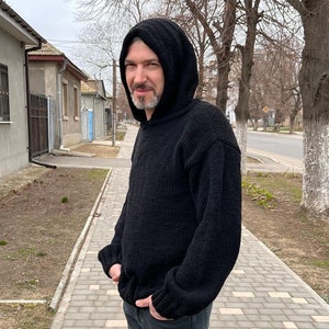 Zopfmuster Pullover, Handgefertigter Herrenpullover, Oversize Wollpullover, Unisex Strickpullover, Gestrickter Hoodie, Herren Pullover, Strickpullover für Männer