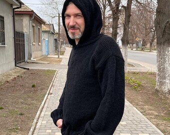 Handmade Merino Wool Cable Knit Hoodie: Oversized Unisex Sweater