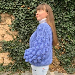 Chunky knit cardigan, Oversized cardigan, Wool cardigan, Cable knit cardigan, Blue Christmas sweater, Plus size cardigan image 4