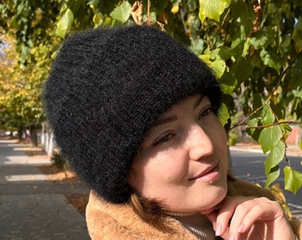 Winter hat knitted, Mohair beanie, Chunky beanie, Black knit hat women, Ukraine sellers, Wool slouchy beanie, Fuzzy hat